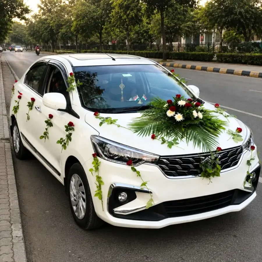 Classic Red Rose Wedding Car Decoration — decoration setup in Pune