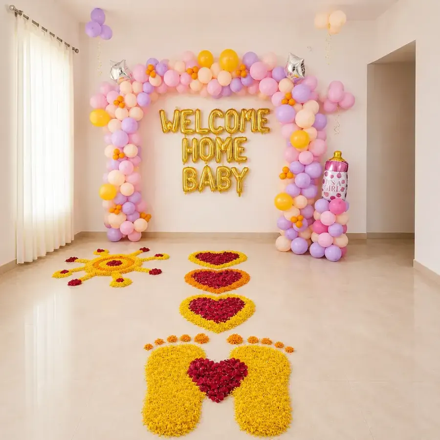 Welcome Baby Girl Decoration with Pastel Balloon Arch and Flower — decoration setup in Pune
