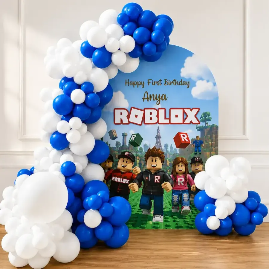 Roblox Theme Birthday Decoration with Blue Balloon Arch — decoration setup in Pune