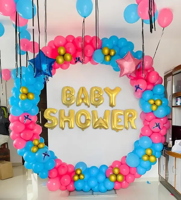 Cute Baby Shower Ring Backdrop — decoration setup in Pune