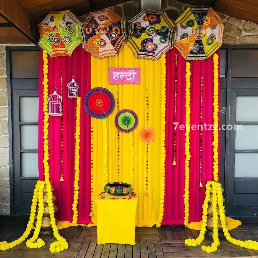 Backdrop Haldi Cloth Decoration — decoration setup in Pune