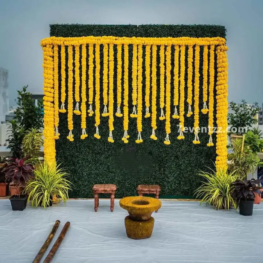 Hanging Flower Haldi Decor — decoration setup in Pune