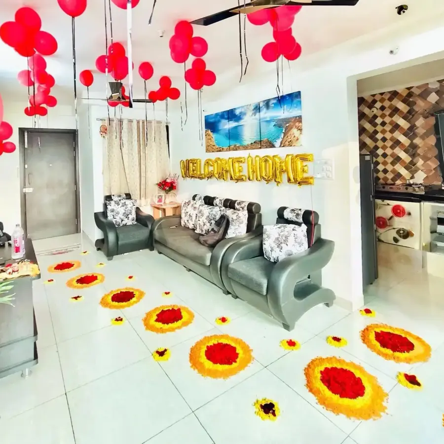 Elegant Bridal Welcome Flower & Balloon Decor — decoration setup in Pune
