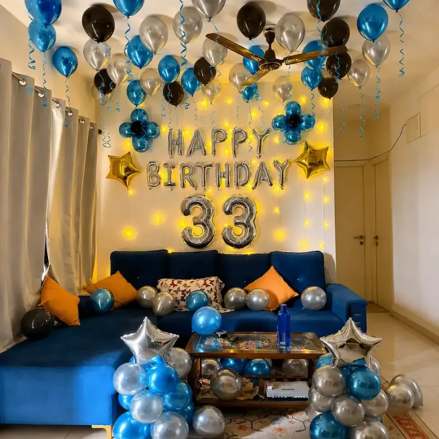 Elegant Blue Silver Birthday Decoration — decoration setup in Pune
