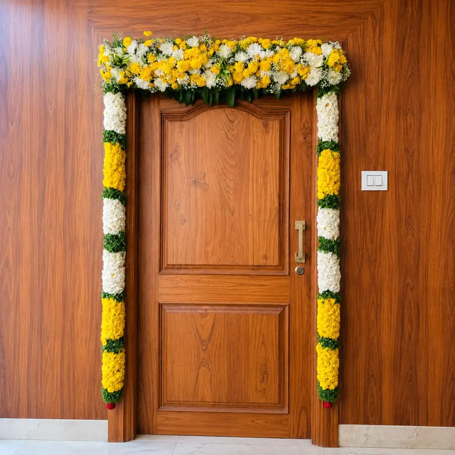 Flower Gate Decoration for Griha Pravesh — decoration setup in Pune