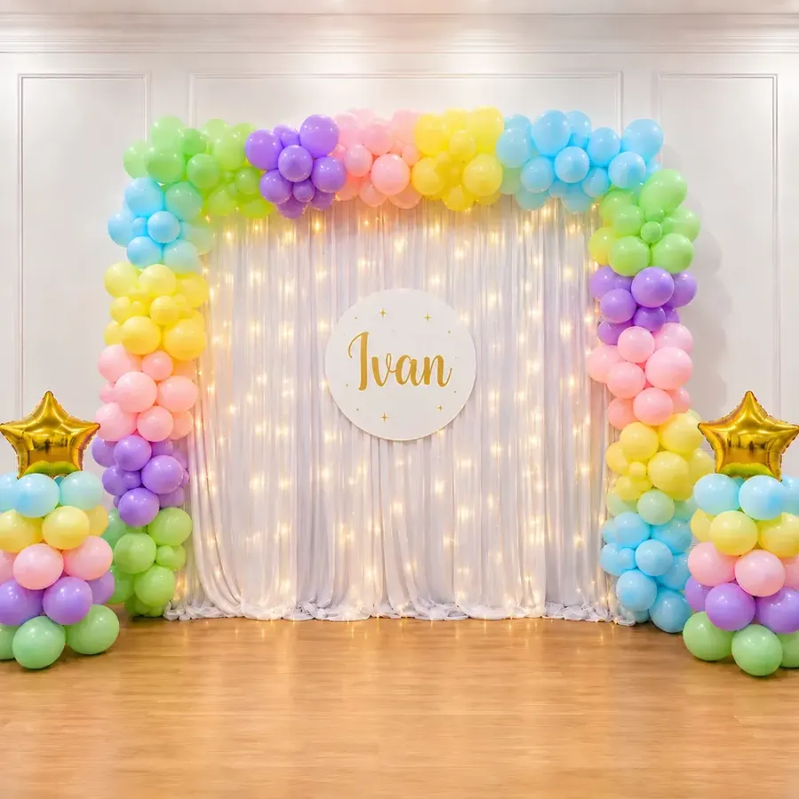 White Backdrop Naming Decoration — decoration setup in Pune