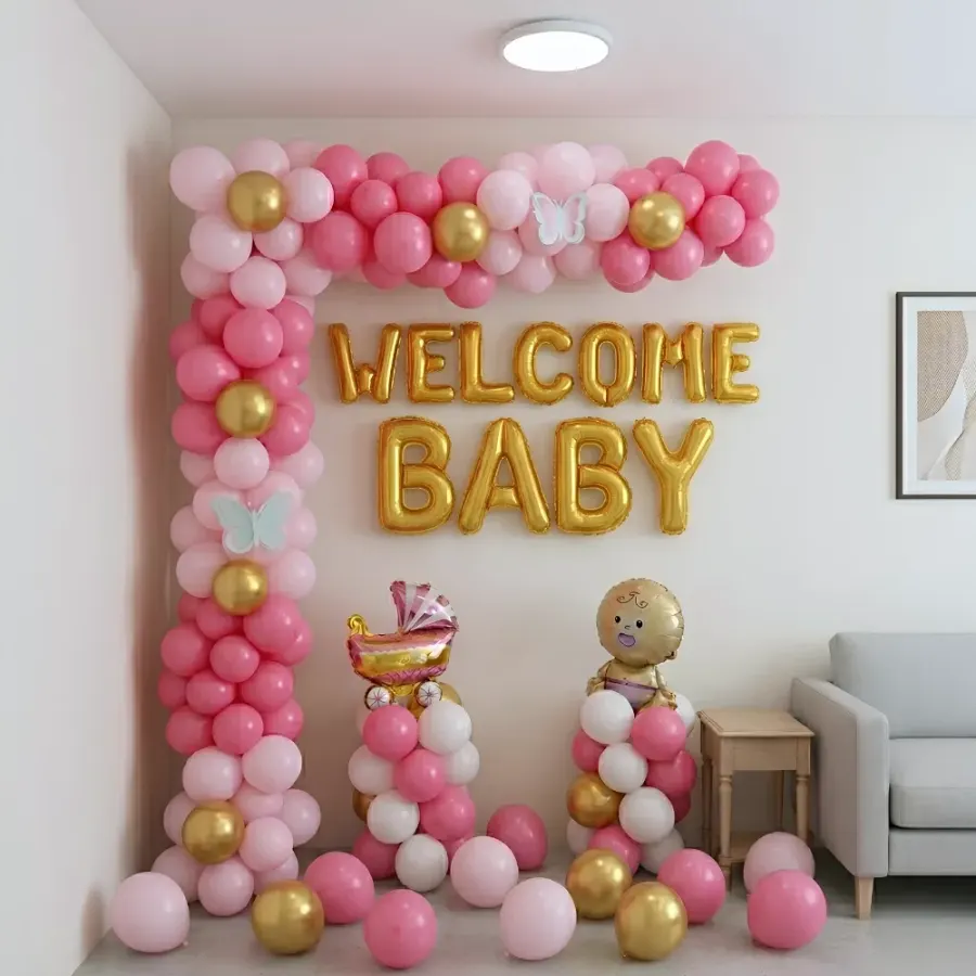 Welcome Baby Girl Balloon Decoration — decoration setup in Pune