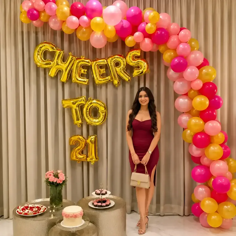 21st Birthday Balloon Arch Decoration — decoration setup in Pune