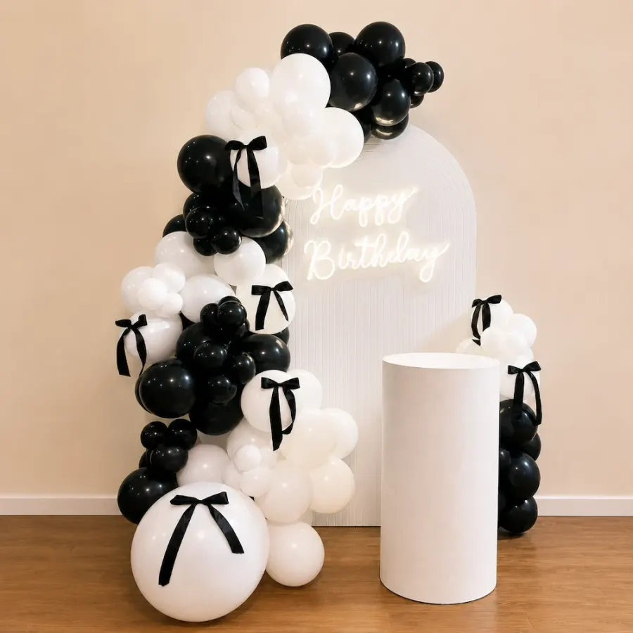 Luxury Black and White Birthday Decoration with Balloon Arch at Home — decoration setup in Pune