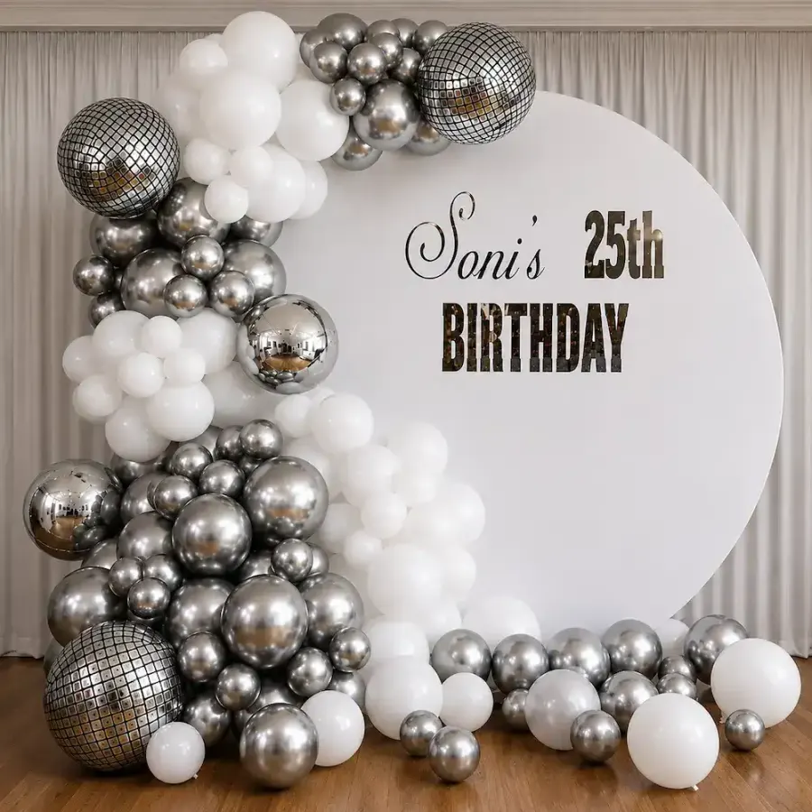 Modern Chrome Silver Balloon Arch Birthday Setup — decoration setup in Pune