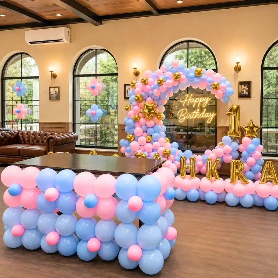 Pink Blue Theme Stage Decoration — decoration setup in Pune