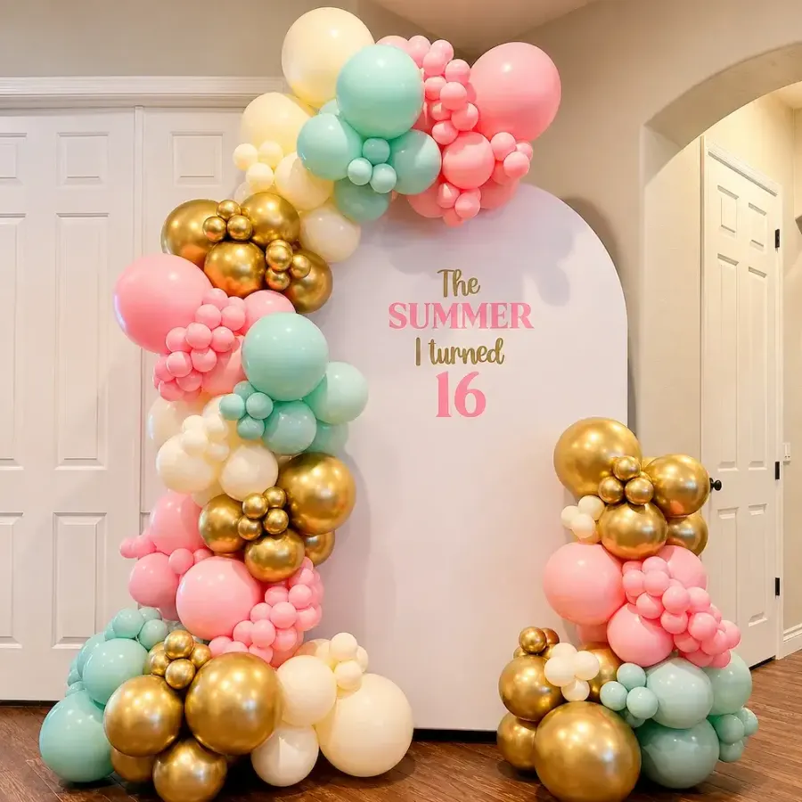 Pastel Balloon Arch Birthday Decoration — decoration setup in Pune