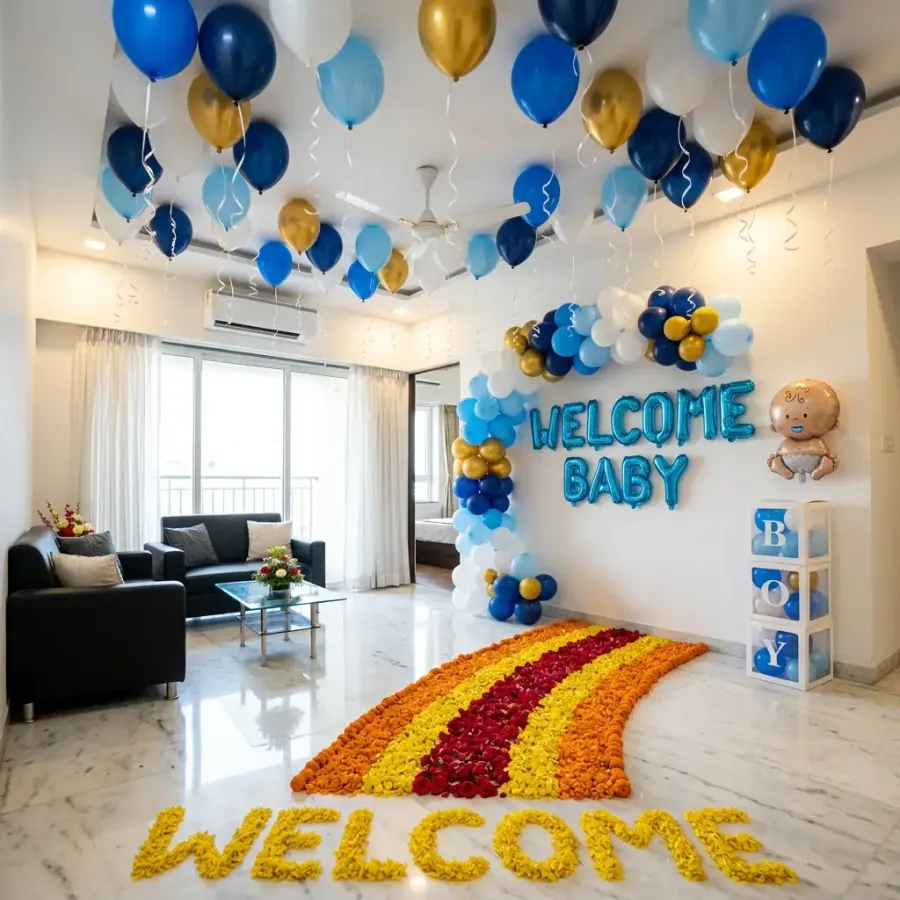Blue Theme Baby Boy Welcome Balloons — decoration setup in Pune