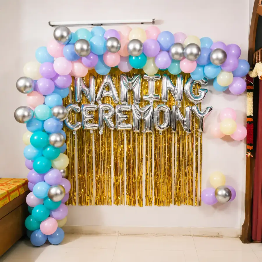 Pastel Naming Arch Decoration — decoration setup in Pune