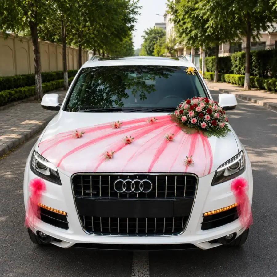 Premium Red Rose Wedding Car Decoration — decoration setup in Pune