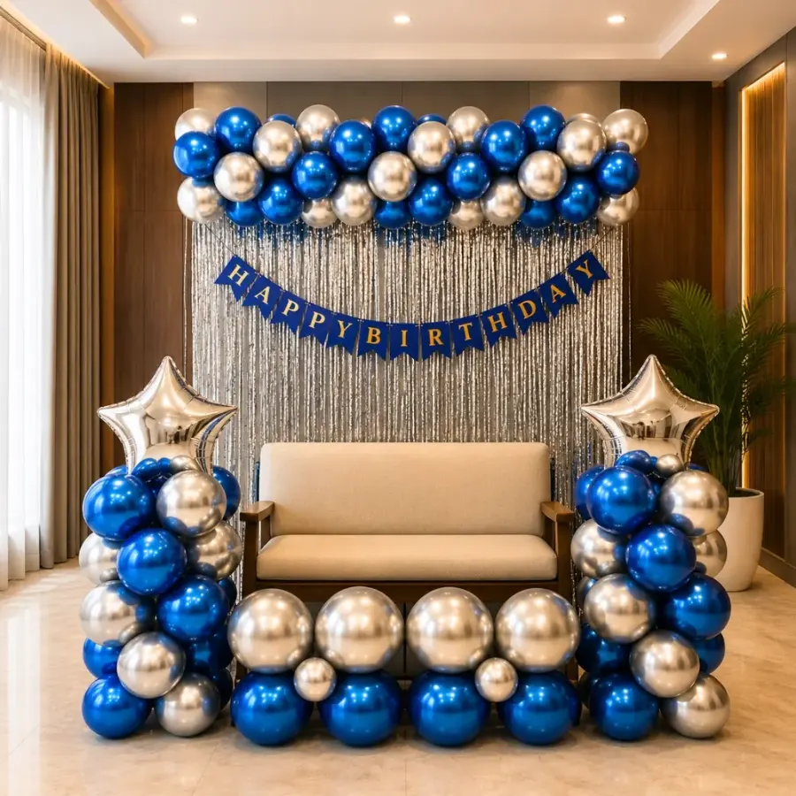 Simple Blue and Silver Balloons Decoration — decoration setup in Pune