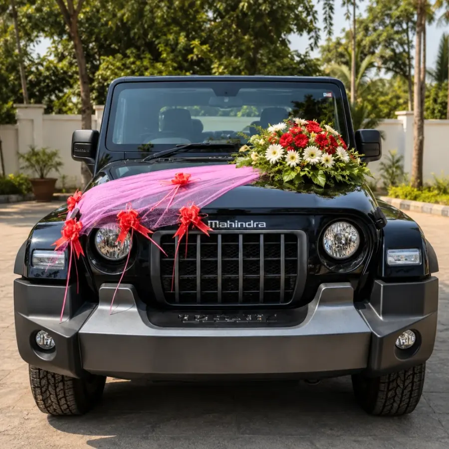 Ribbon Wedding Car Decoration — decoration setup in Pune