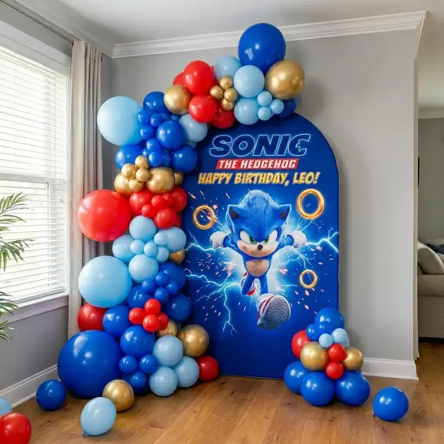 Sonic Theme Birthday Decoration with Blue Balloon Arch at Home — decoration setup in Pune
