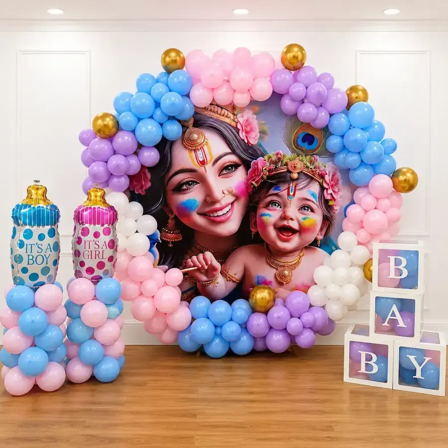Krishna Theme Baby Shower Decoration with Balloon Arch — decoration setup in Pune
