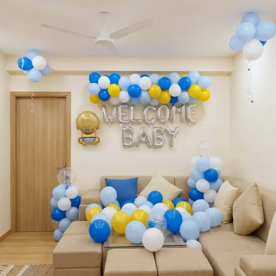 Baby Boy Homecoming Balloon Decoration — decoration setup in Pune