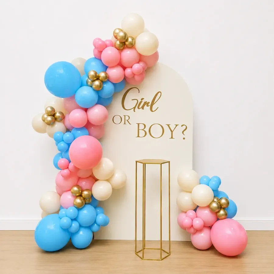 Gender Reveal Backdrop with Pink & Blue Balloon Arch — decoration setup in Pune