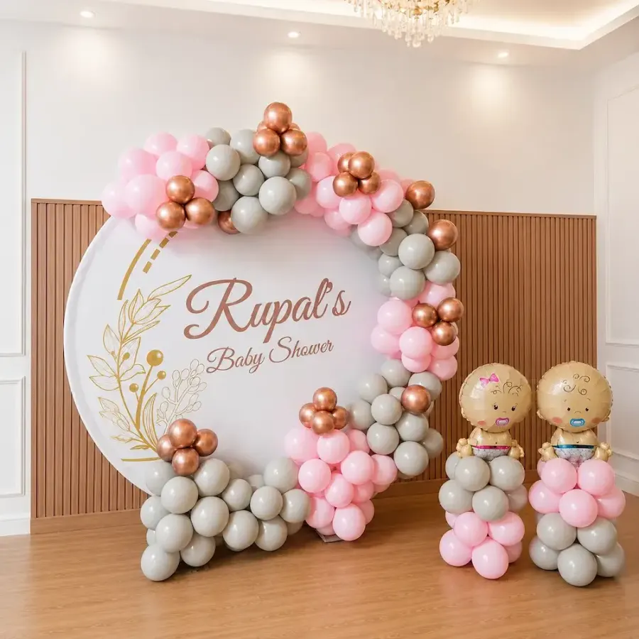Premium Baby Shower Balloon Decoration with Pink & Grey Round Backdrop — decoration setup in Pune
