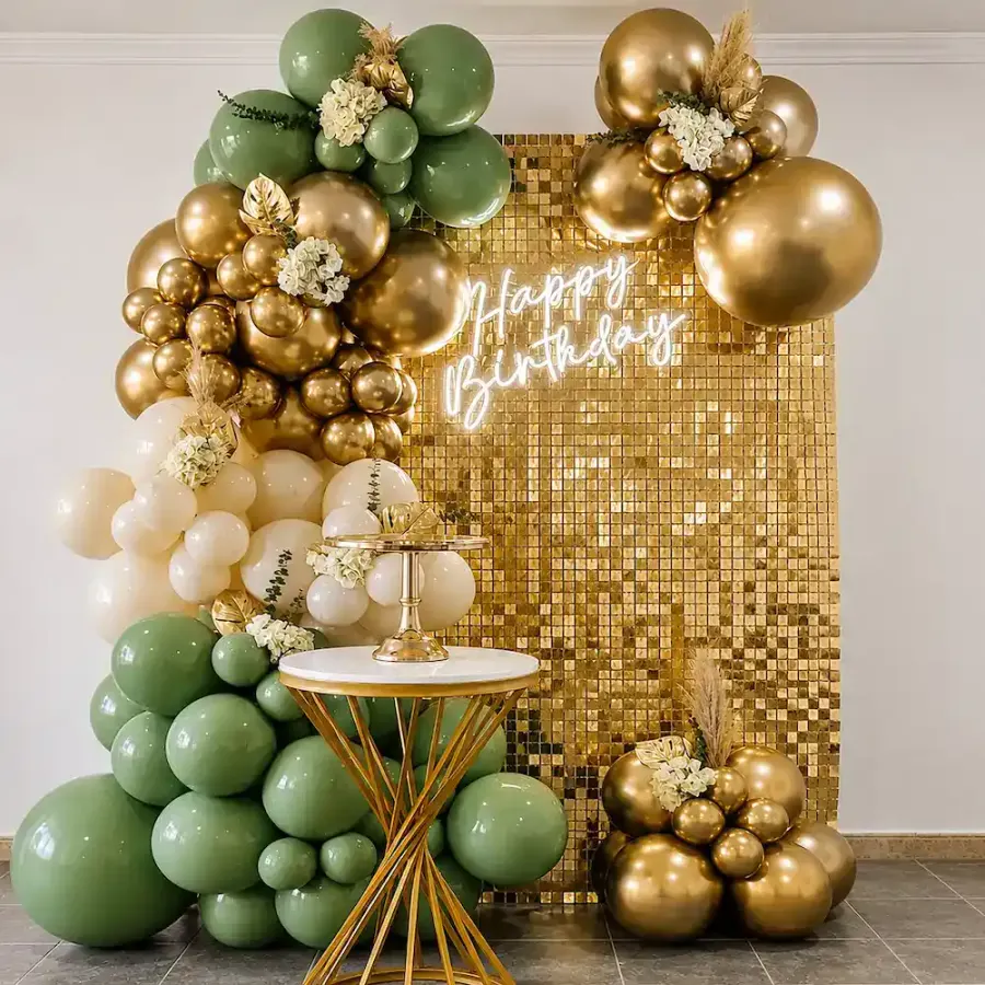 Elegant Sage Green and Gold Birthday Balloon Decoration — decoration setup in Pune