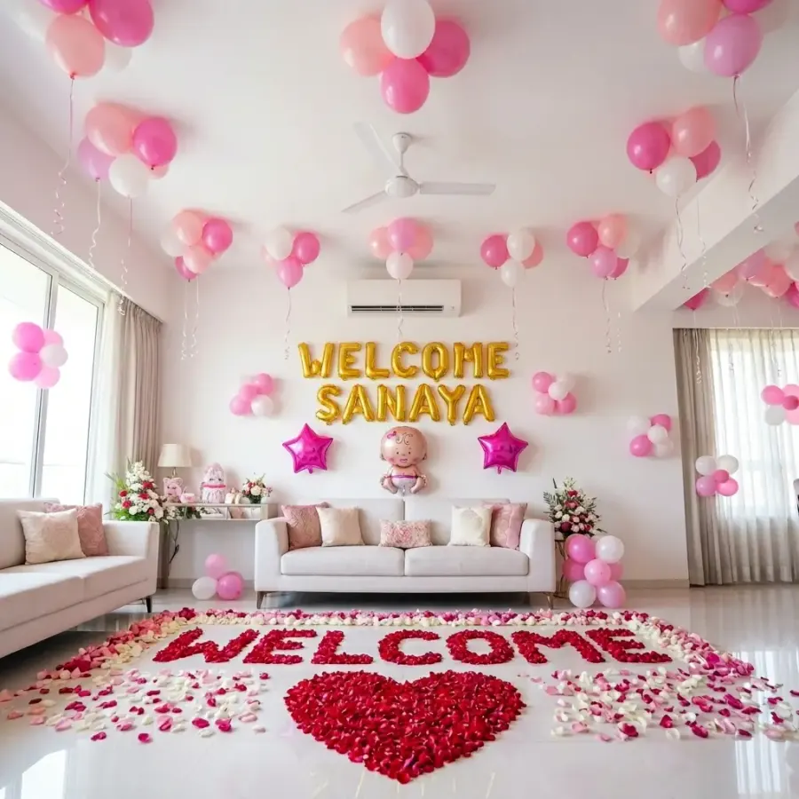 Pink Theme Baby Welcome Decor with Flowers — decoration setup in Pune