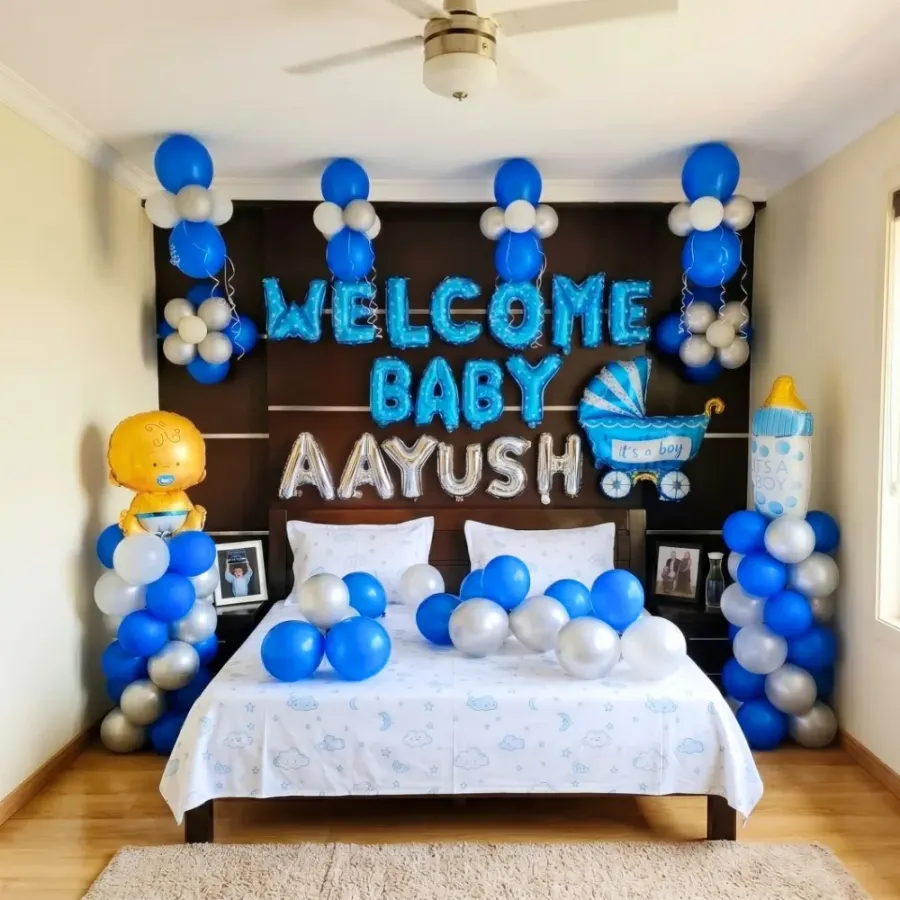 Welcome Baby Boy  Balloon Decoration — decoration setup in Pune