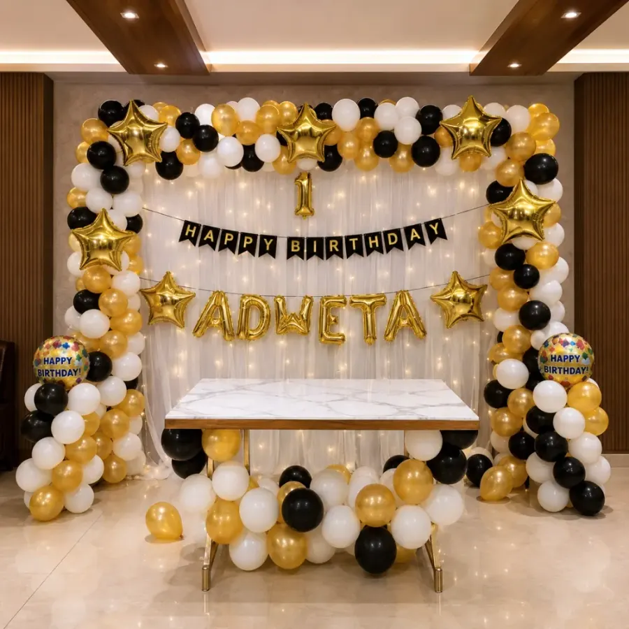 Black and Golden Stage Decoration — decoration setup in Pune