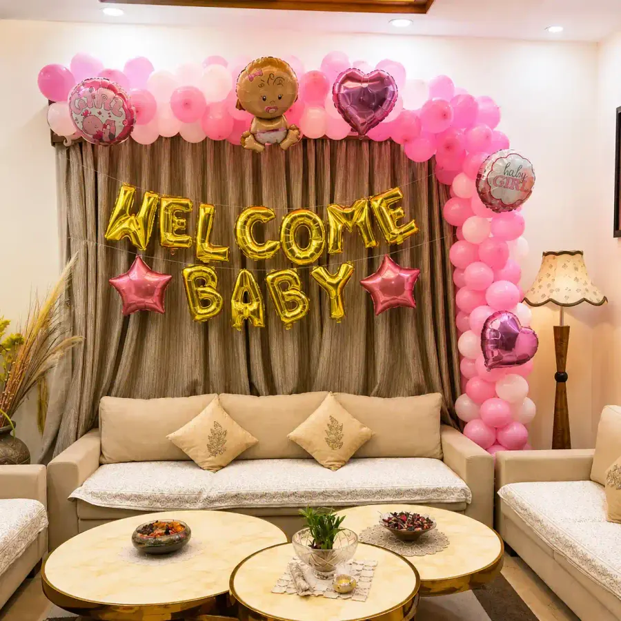 Pink White Balloon Decoration — decoration setup in Pune