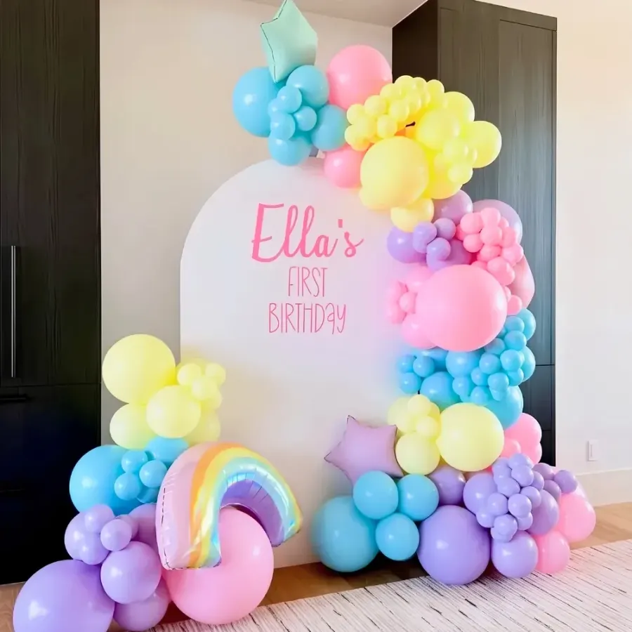 Colourful Rainbow First Birthday Decoration — decoration setup in Pune