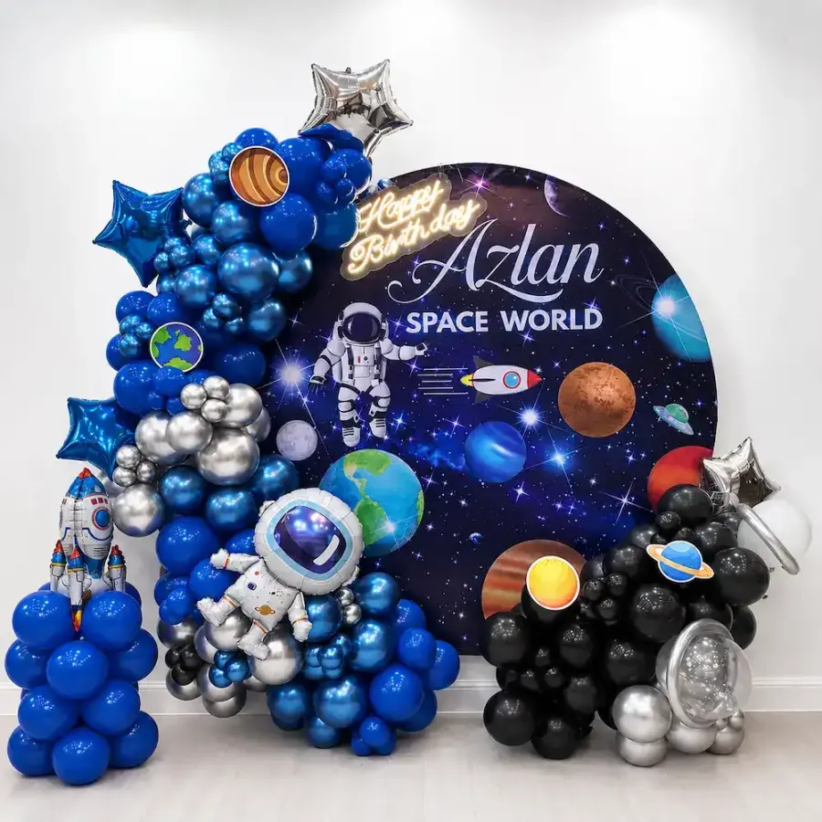 Astronaut and Planet Birthday Decoration with Balloon — decoration setup in Pune