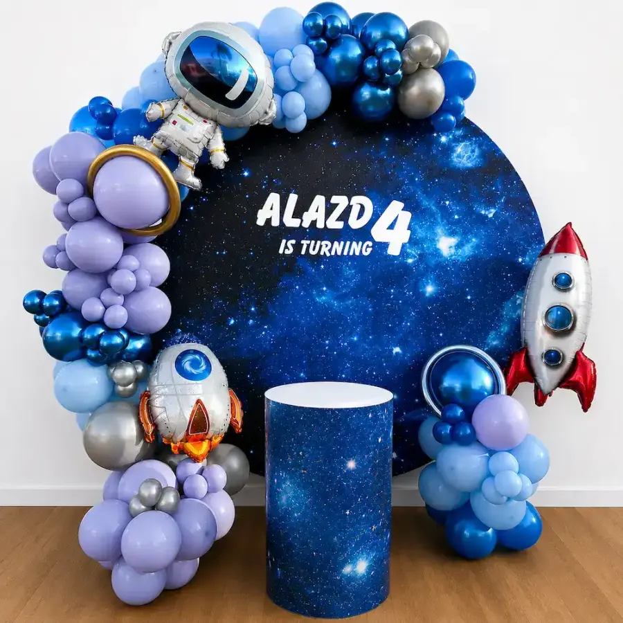 Space Theme Birthday Decoration with Blue Balloon Arch — decoration setup in Pune