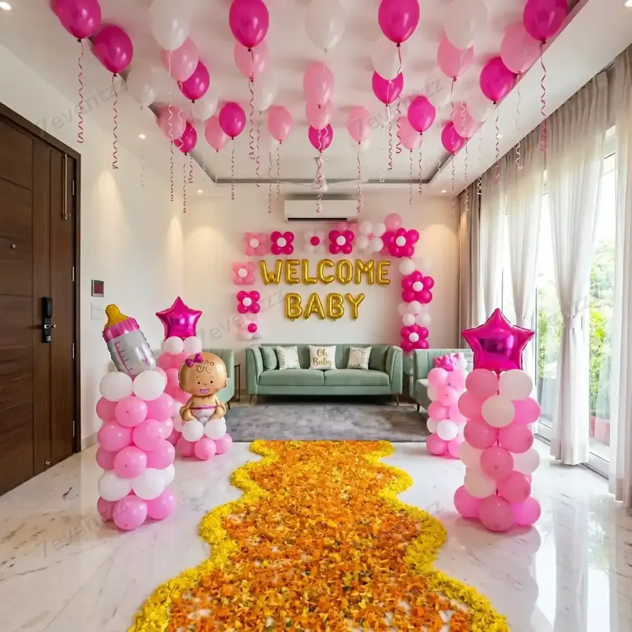 Baby Girl Welcome Balloon Decoration — decoration setup in Pune