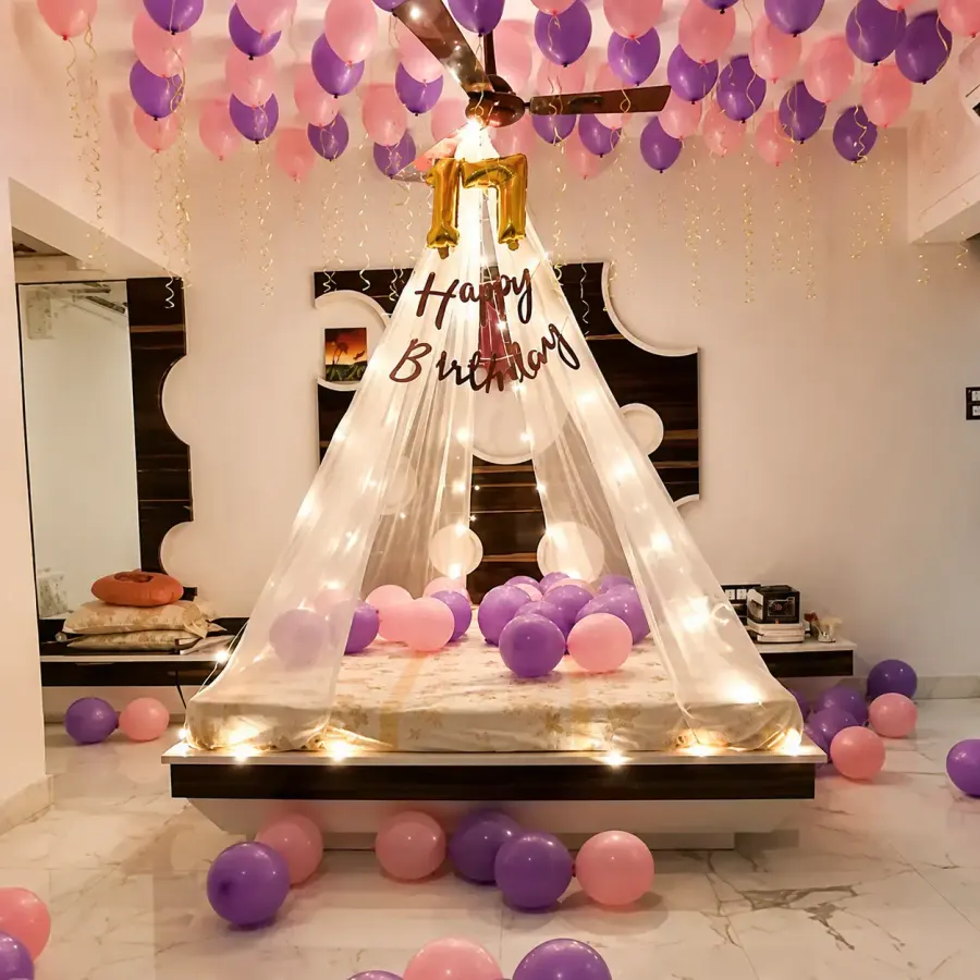 Bed Canopy Balloon Decor — decoration setup in Pune