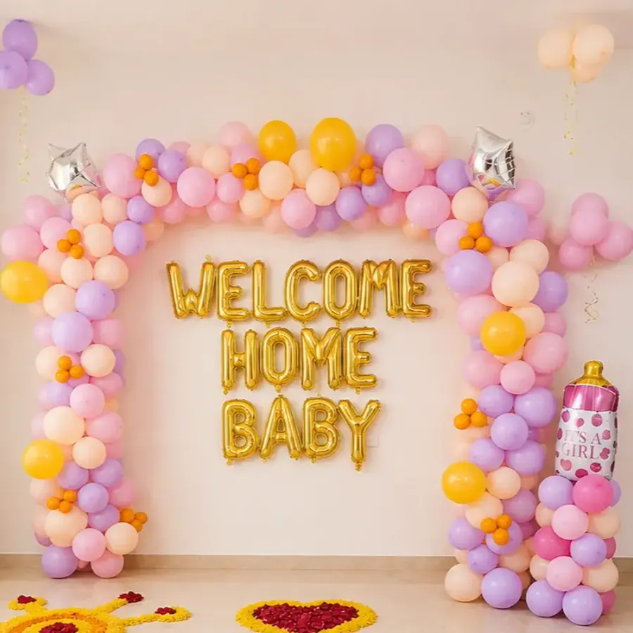 Welcome Baby Girl Decoration with Pastel Balloon Arch and Flower — photo 3