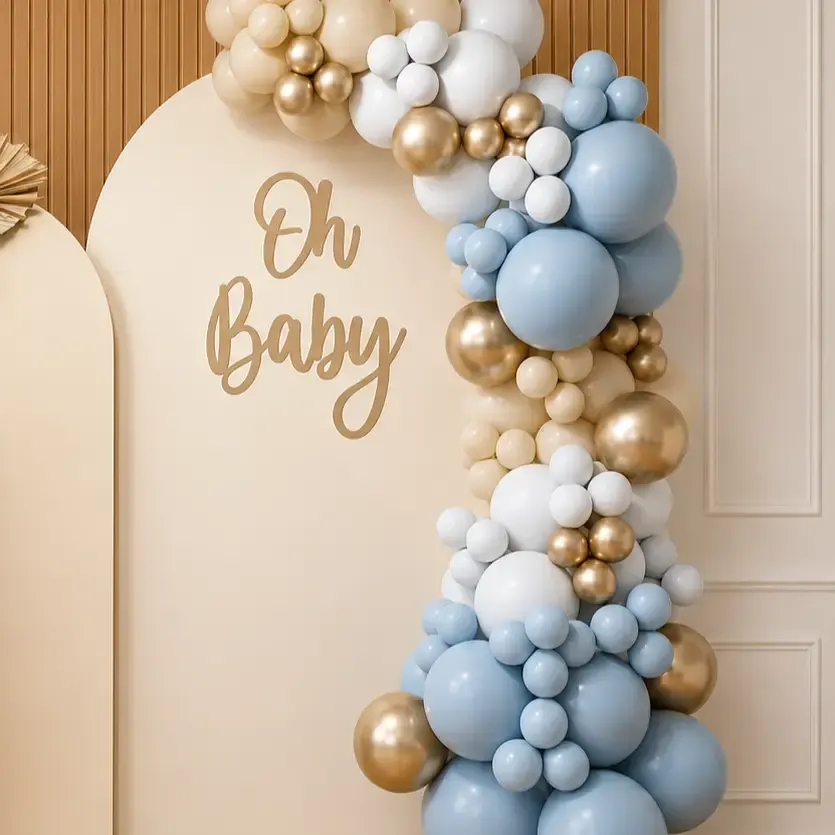Elegant Oh Baby Balloon Decoration with Blue & Gold Arch Backdrop — photo 2