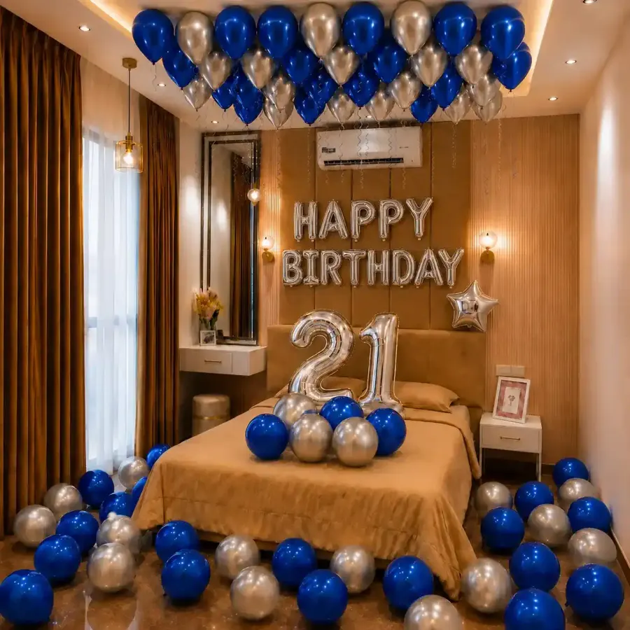 Blue Silver Theme Birthday Decoration at Home — decoration setup in Pune