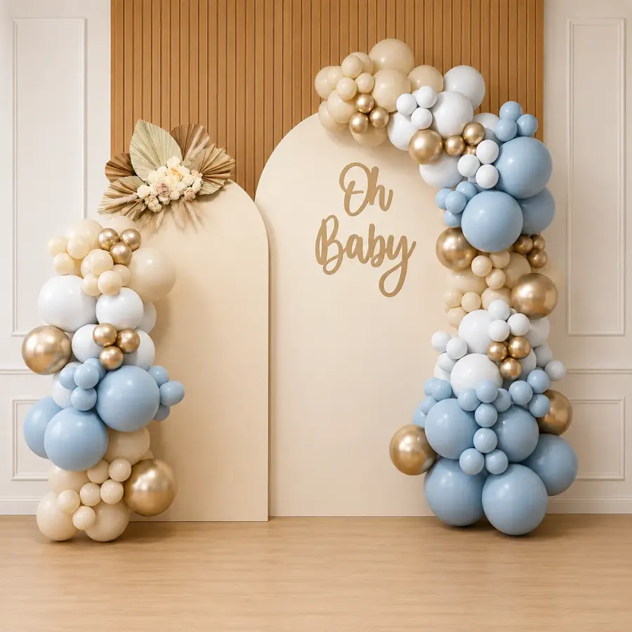 Elegant Oh Baby Balloon Decoration with Blue & Gold Arch Backdrop — decoration setup in Pune