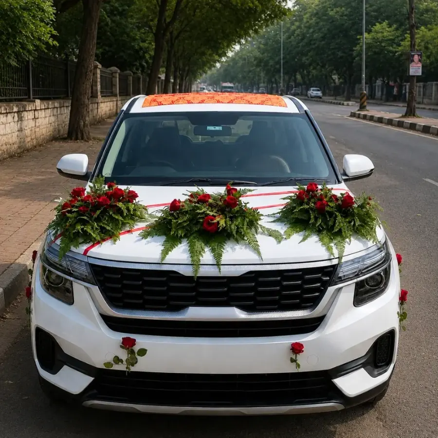 Royal Red Rose Wedding Car Decoration — decoration setup in Pune