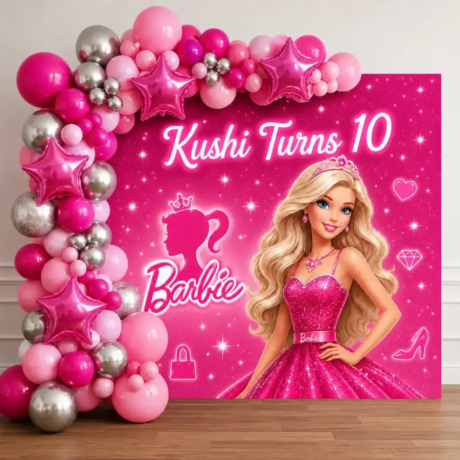 Barbie Theme Birthday Backdrop Decoration — decoration setup in Pune