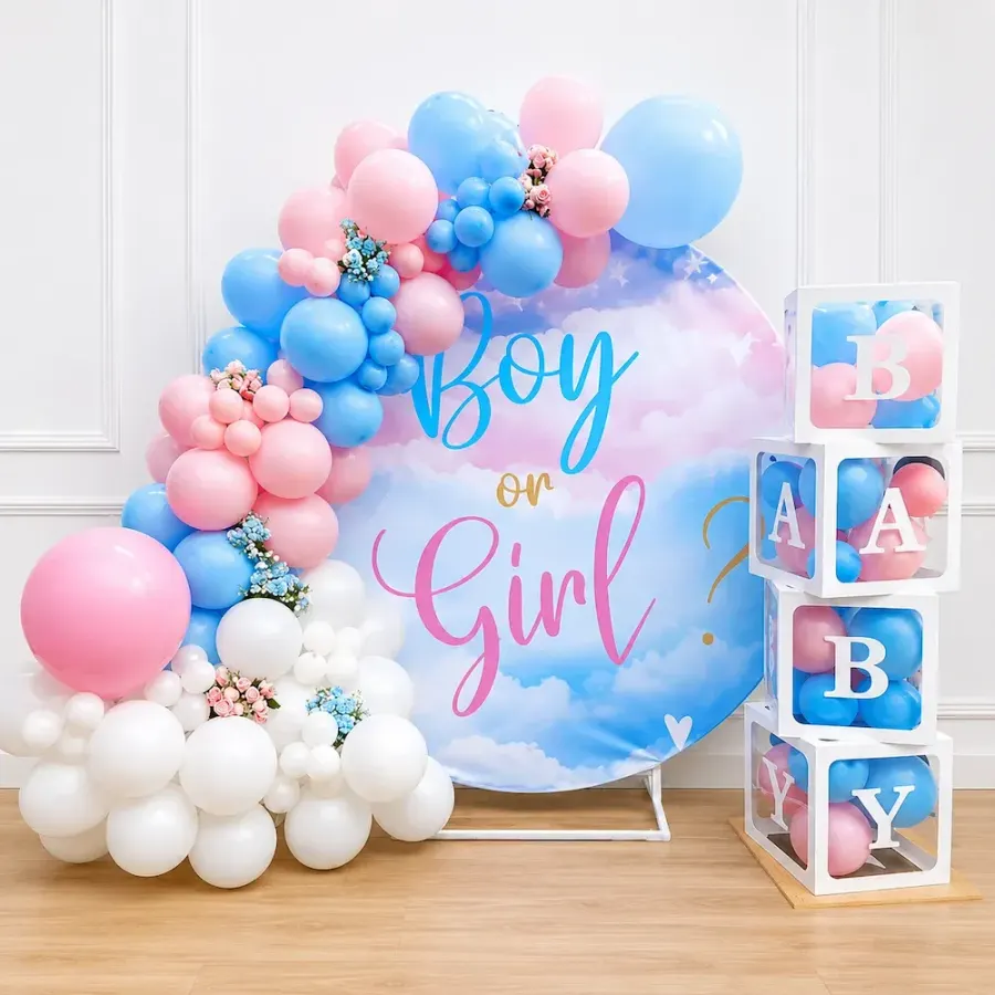 Gender Reveal Backdrop with Pink Blue Balloon Arch — decoration setup in Pune