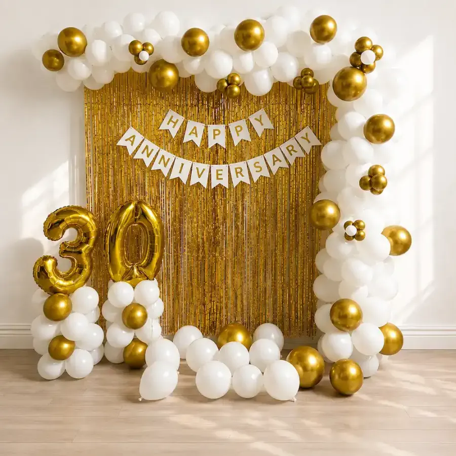 Premium White and Gold Anniversary Party Decoration with Balloon Arch — decoration setup in Pune