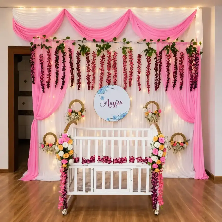 Cradle Decoration with Flowers — decoration setup in Pune