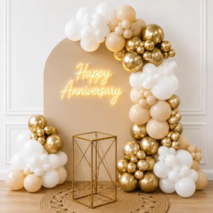 Elegant Happy Anniversary Balloon Arch Decoration — decoration setup in Pune