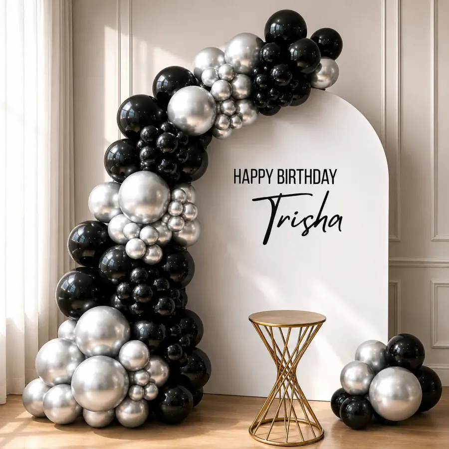 Black and Silver Birthday Balloon Decoration at Home — decoration setup in Pune