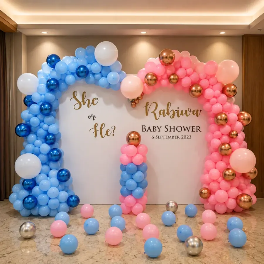 She or He Baby Shower Backdrop — decoration setup in Pune