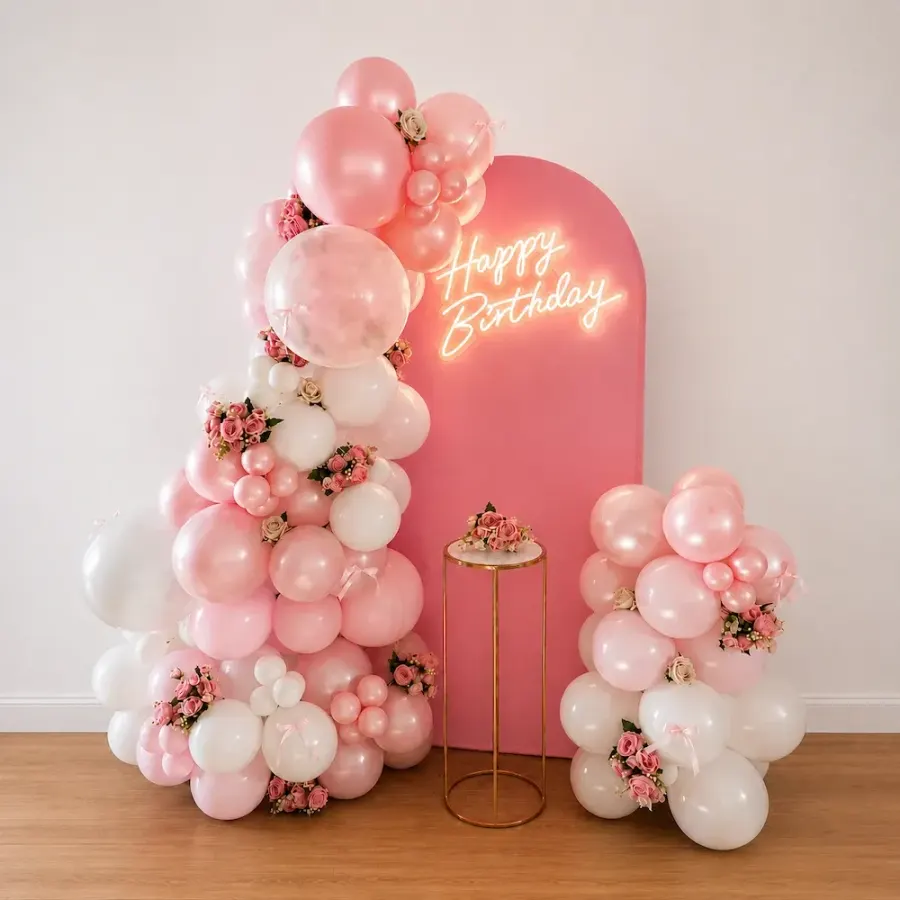 Pink Birthday Decoration with Balloon Arch — decoration setup in Pune
