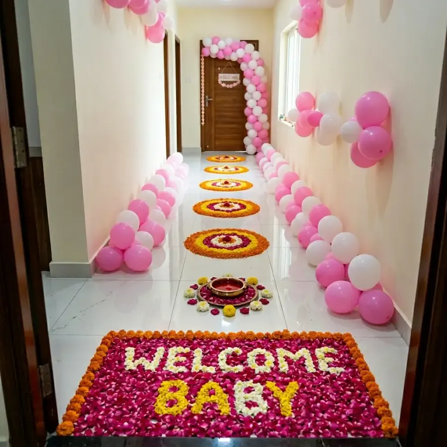 Newborn Baby Welcome Flowers Decoration — decoration setup in Pune